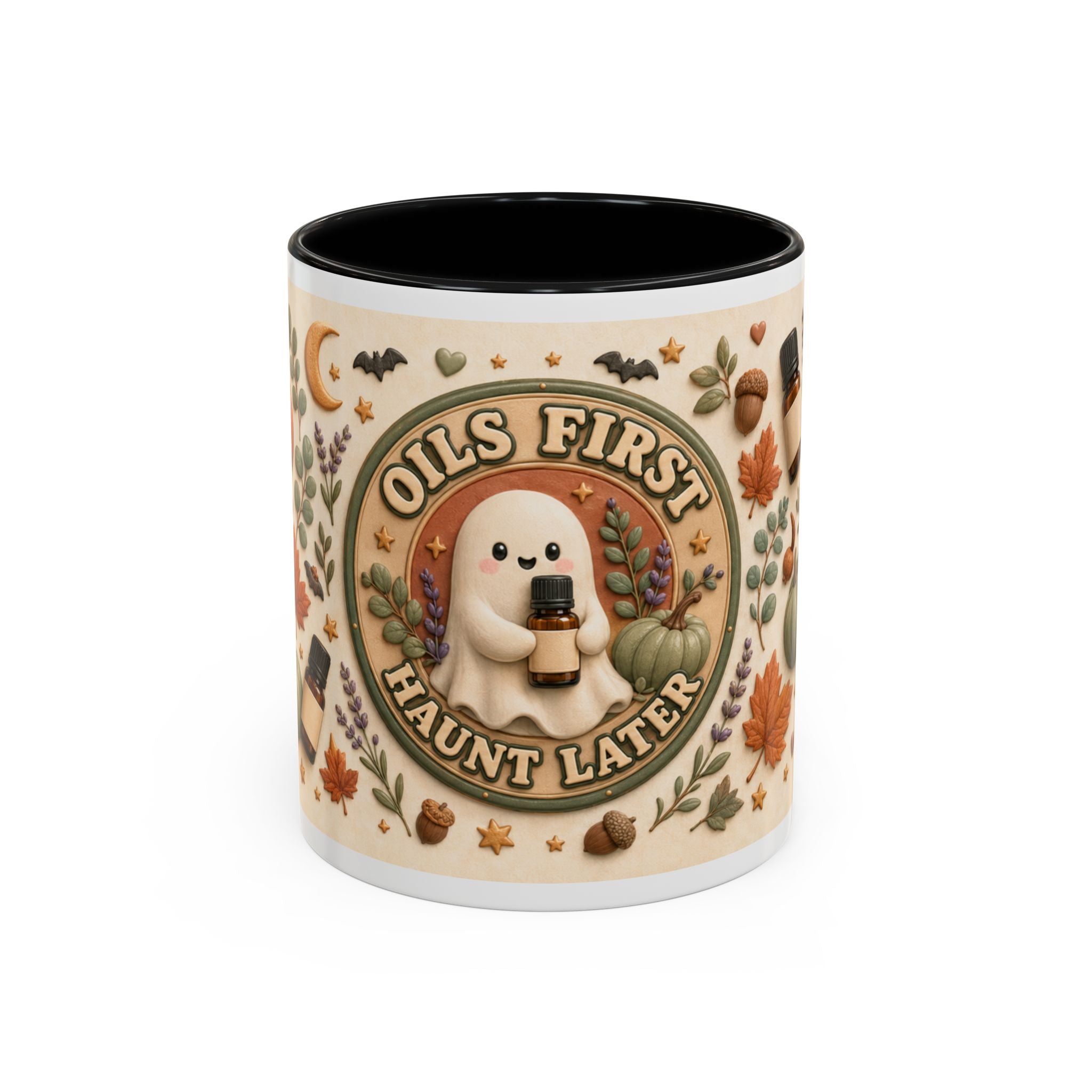 Oils First, Haunt Later“ Kaffeetasse – Halloween-Geist & ätherische Öle