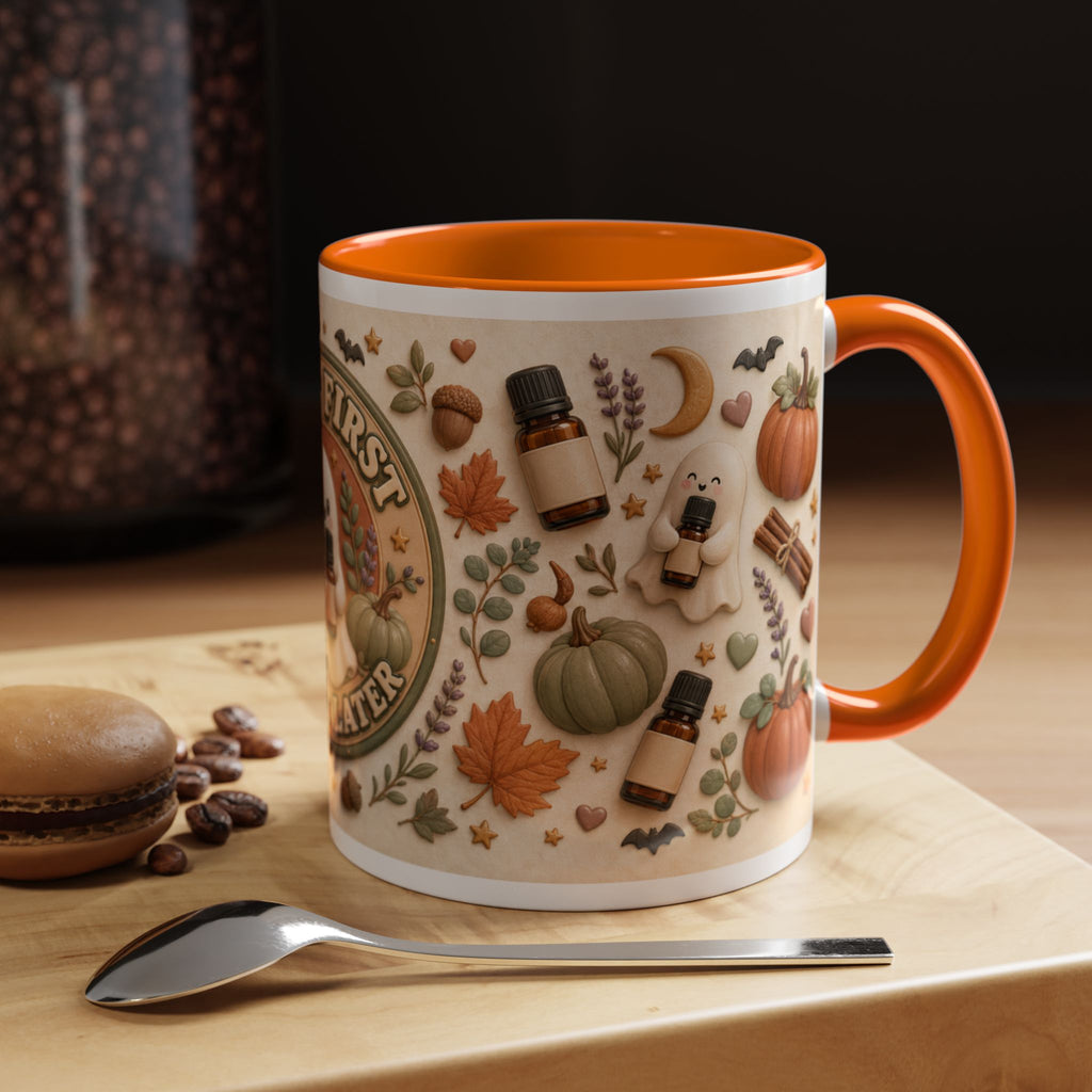 Oils First, Haunt Later“ Kaffeetasse – Halloween-Geist & ätherische Öle